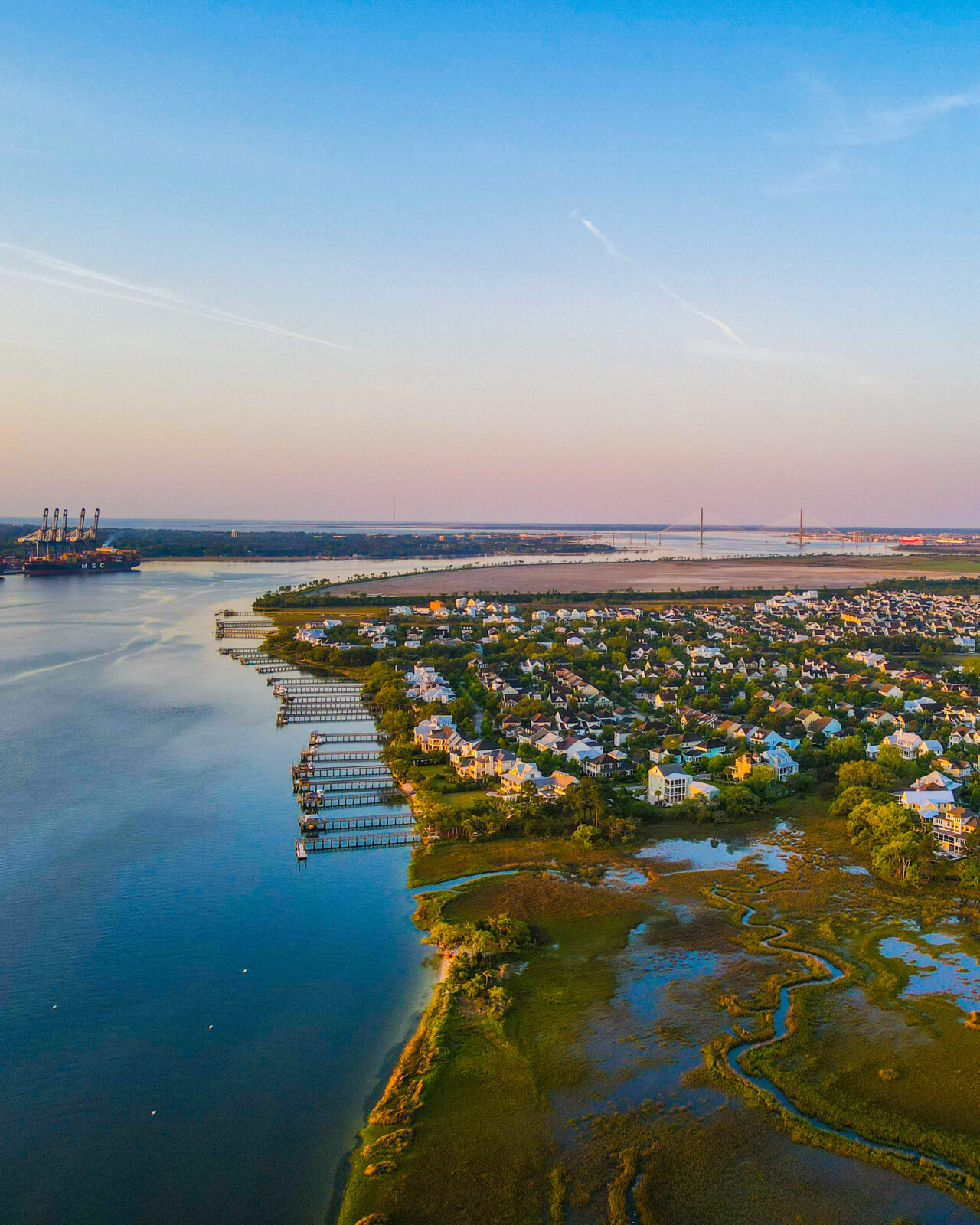 Aerial view of Charleston's waterfront featuring residential neighborhoods, marshlands, the Wando River, cargo ships at the Port of Charleston, and the Arthur Ravenel Jr. Bridge in the distance.
