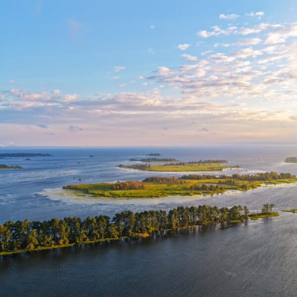 Aerial view of a coastal wetland with small islands, trees, and calm water at sunset.