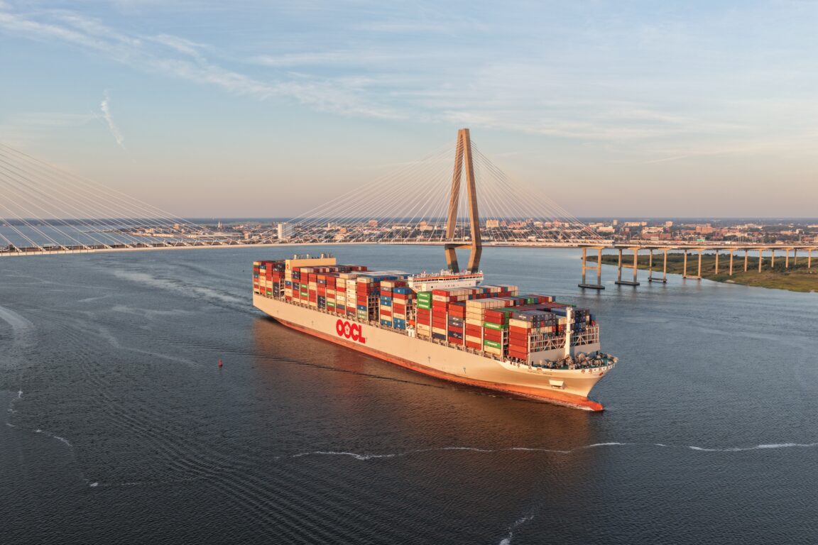 Container ship passing the Ravenel Bridge in Charleston Harbor.
