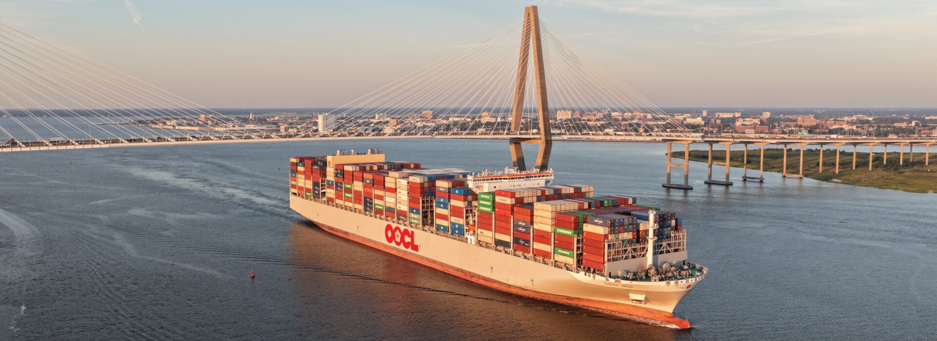 Container ship passing the Ravenel Bridge in Charleston Harbor.