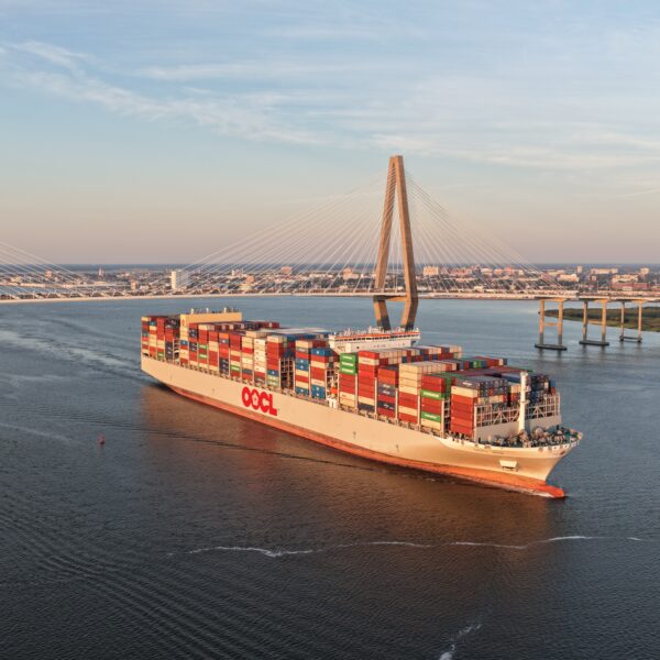 Container ship passing the Ravenel Bridge in Charleston Harbor.
