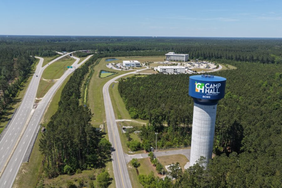 Aerial view of the Camp Hall industrial park with its water tower and roadways.