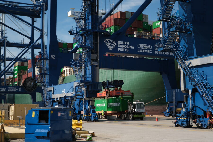 Container being loaded by crane at a South Carolina Ports terminal.