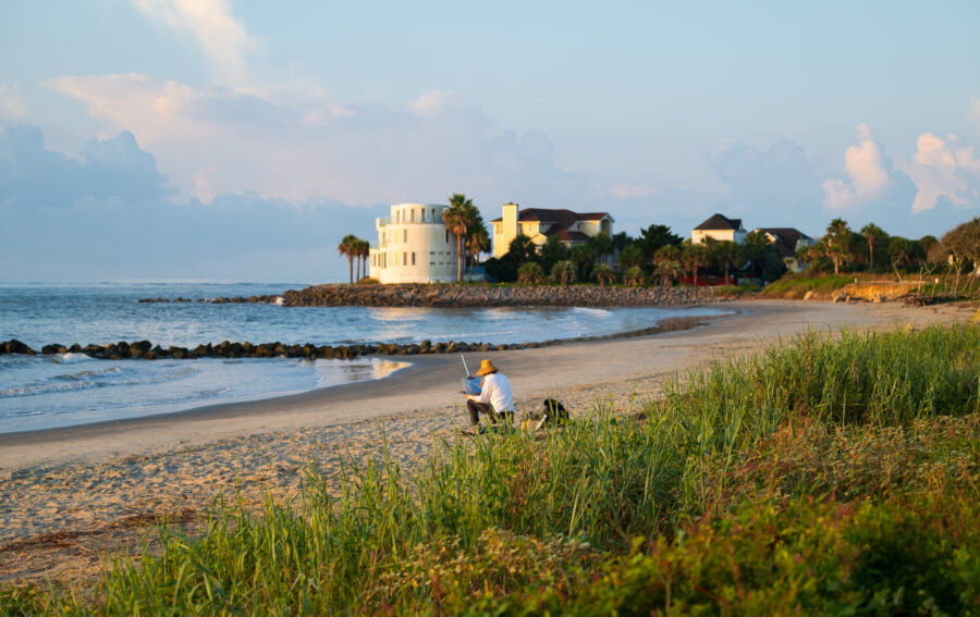 Person fishing on a quiet beach with coastal homes in the background.