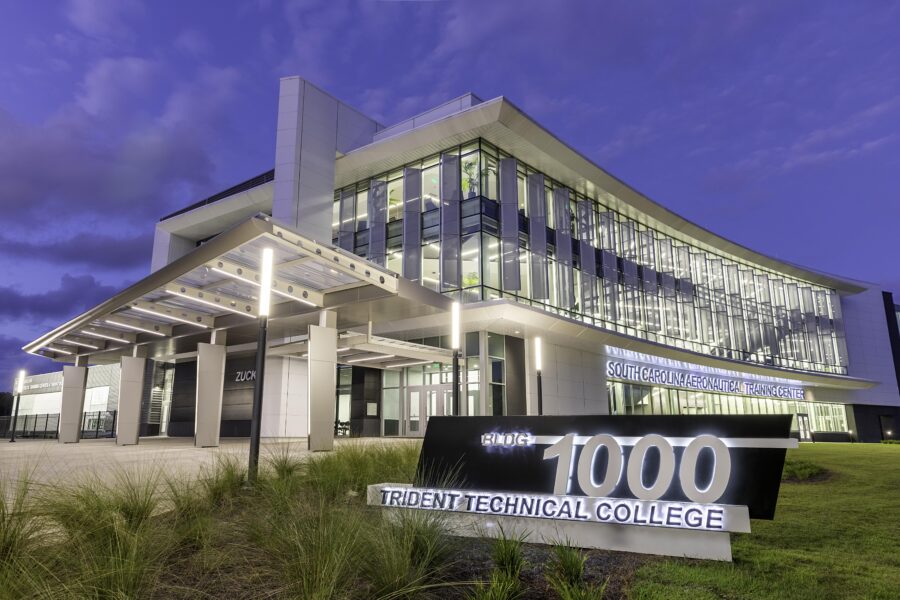 Modern glass college building with a 
