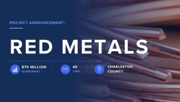 Project announcement graphic for Red Metals. The design features a close-up background image of copper rods with a dark blue overlay. Large text reads “Red Metals,” with supporting information highlighting a $70 million investment, 45 new jobs, and a location in Charleston County. Icons representing investment, jobs, and location accompany the statistics.