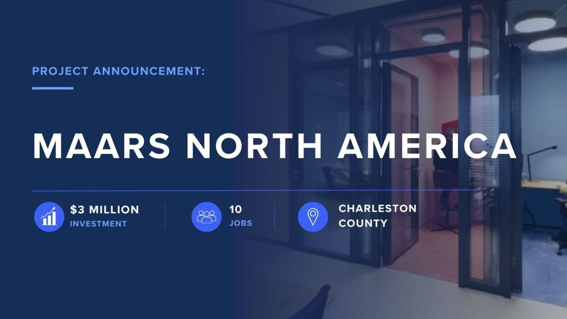 Project announcement graphic for MAARS North America. The design features a photo of a modern office interior with glass walls and workspaces, overlaid with a dark blue tint. Large text reads “MAARS North America,” with supporting information highlighting a $3 million investment, 10 new jobs, and a location in Charleston County. Icons representing investment, jobs, and location accompany the statistics.