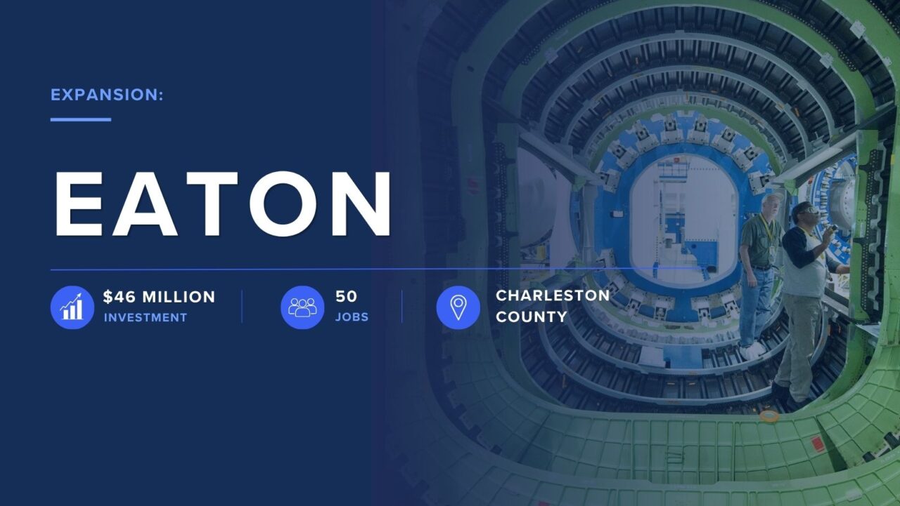 Expansion announcement graphic for Eaton. The design features a large industrial manufacturing facility with advanced machinery and two employees working inside the equipment, overlaid with a dark blue tint. Large text reads “Eaton.” Supporting information highlights a $46 million investment, 50 new jobs, and a location in Charleston County. Icons representing investment, jobs, and location accompany the statistics.