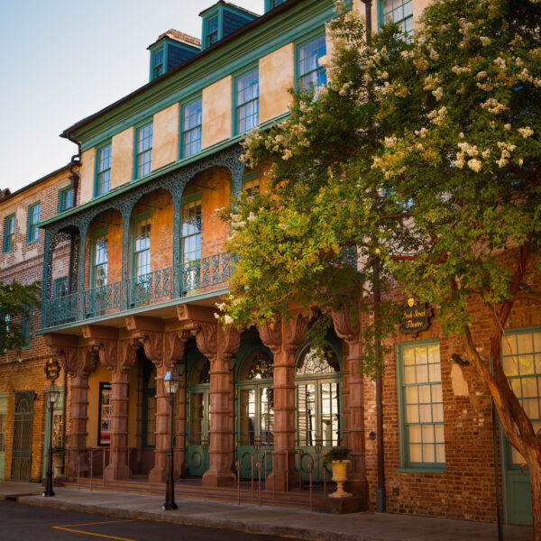 The exterior of the historic Dock Street Theatre in the French Quarter of Charleston, SC.