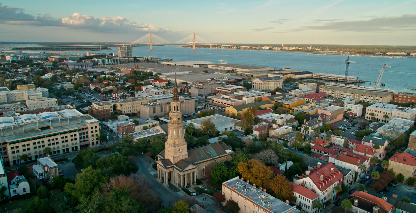 An aerial view of downtown Charleston during the day.