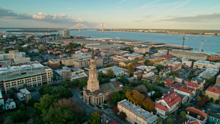 An aerial view of downtown Charleston during the day.