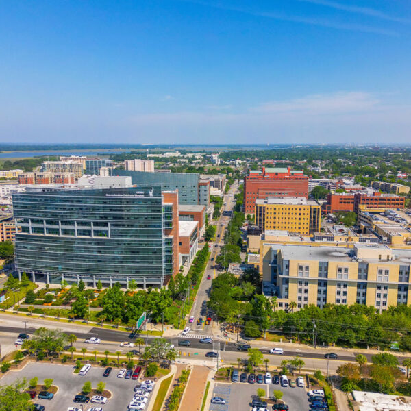A drone view of buildings in downtown Charleston, SC.
