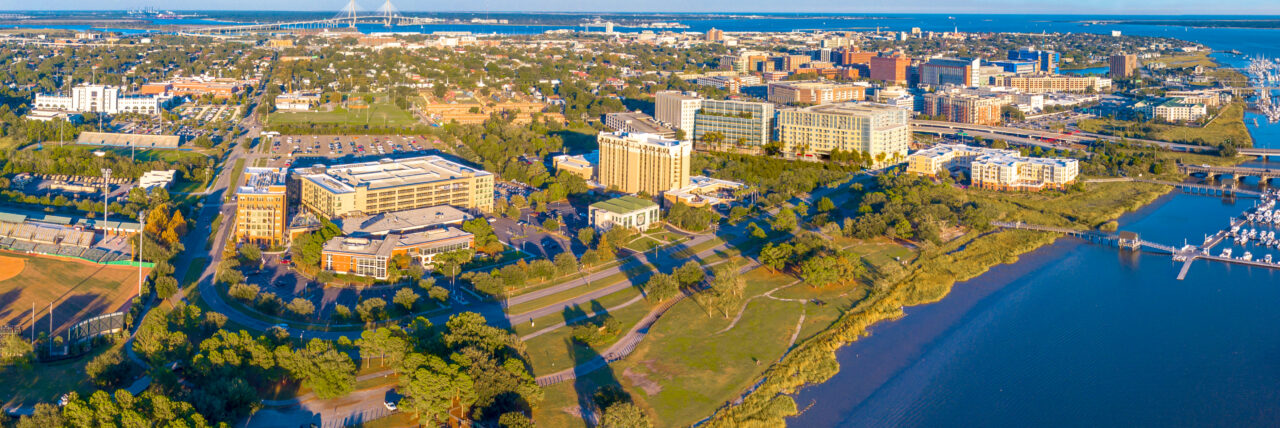 An aerial view of the Charleston region as the sun goes down.