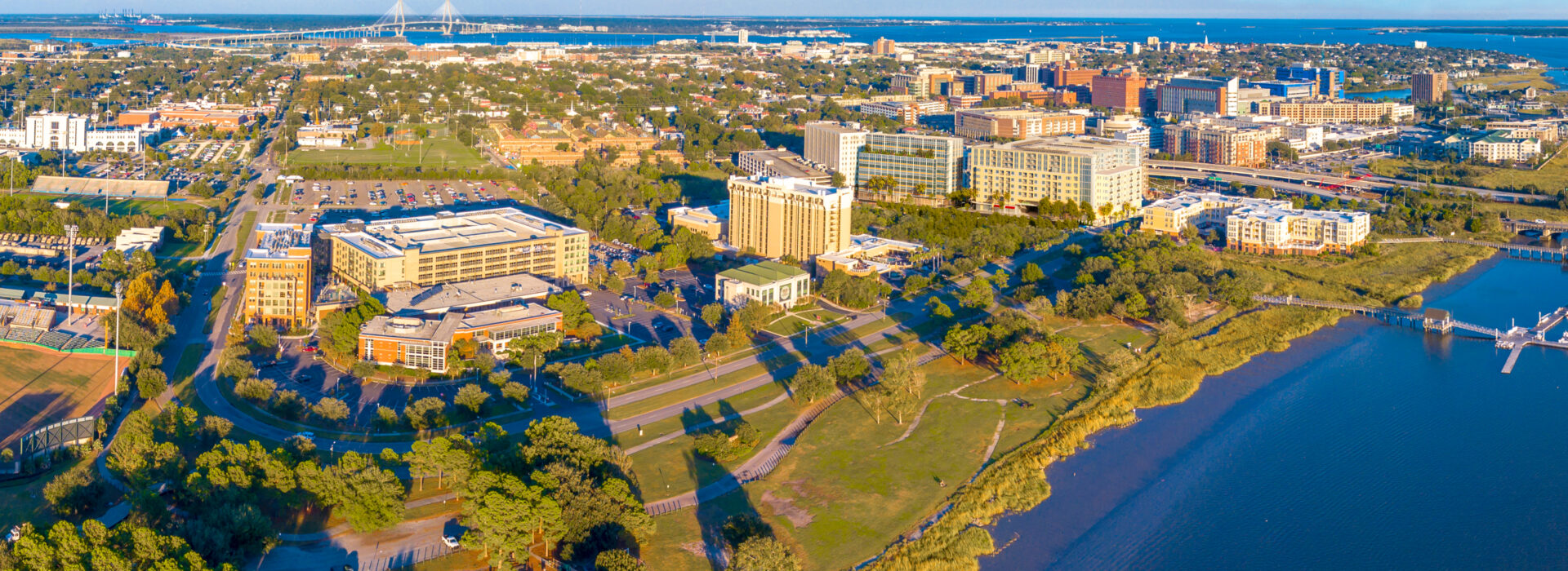 An aerial view of the Charleston region as the sun goes down.
