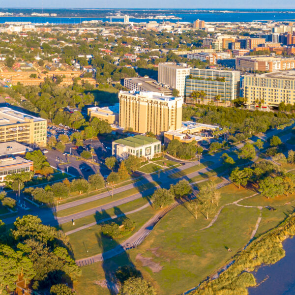 An aerial view of the Charleston region as the sun goes down.