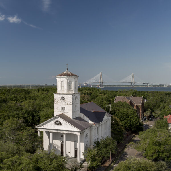 An aerial view of a church in Charleston, SC.